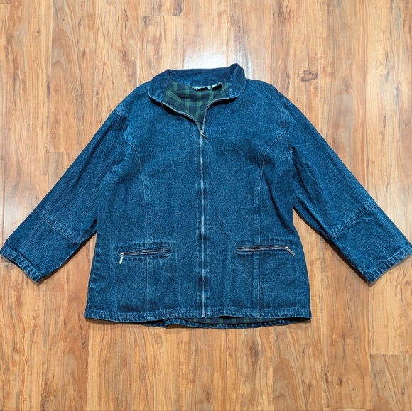 Vintage Denim Chore Coat Flannel Lined Women's 1X Dark Wash Zip Up Jean Jacket - Picture 1 of 5